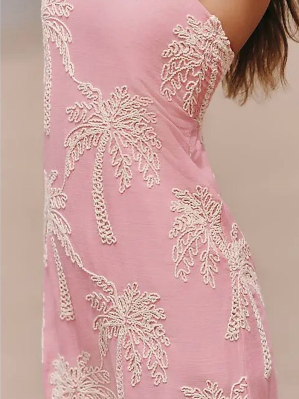 Maaji x Anthropologie Pink Strapless Dress with Cream Palm Trees